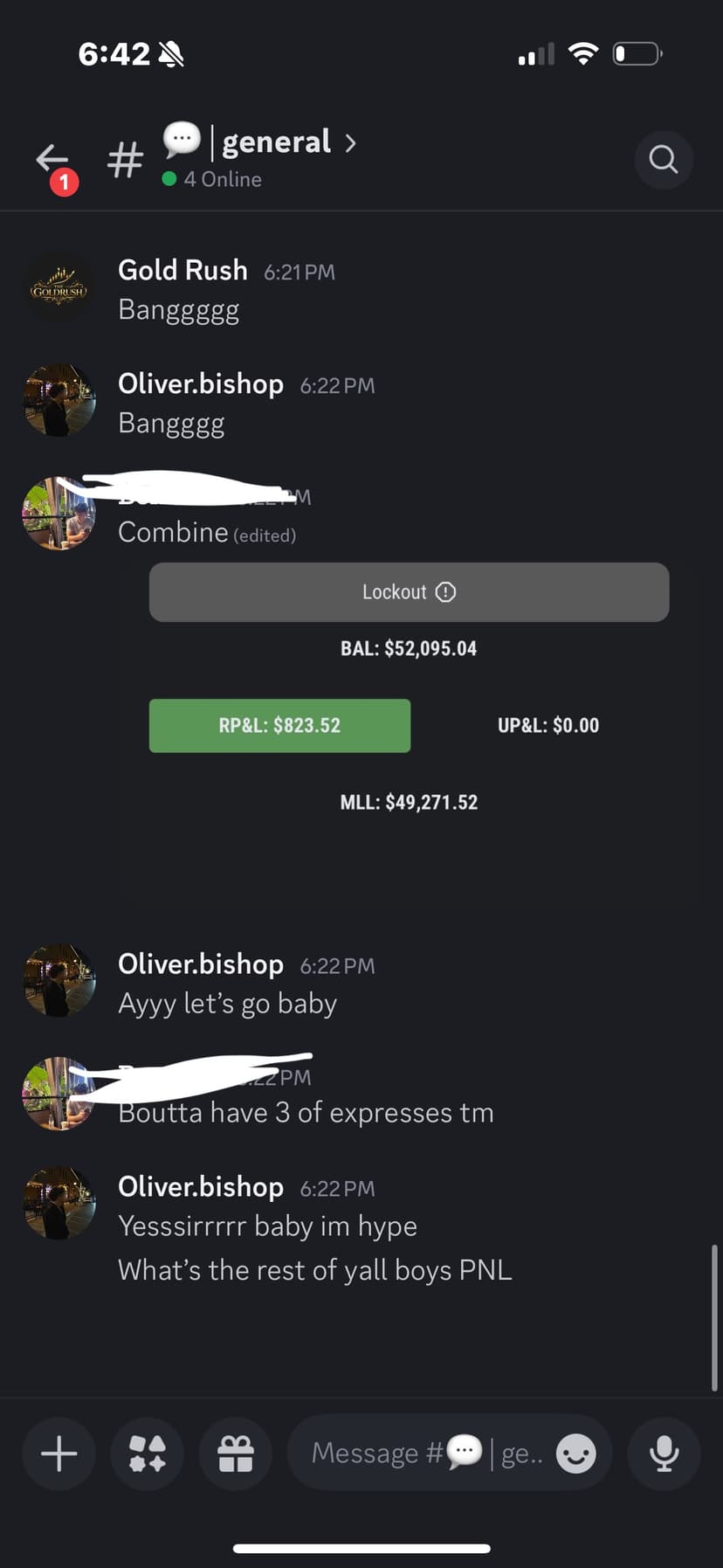 Discord — $823 PnL, $52,095 balance