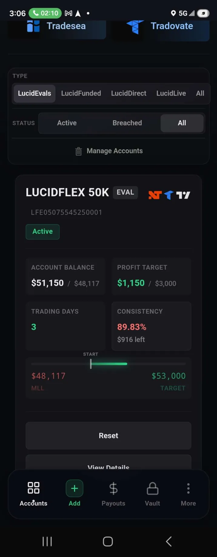LucidFlex 50K Eval — $1,150 profit